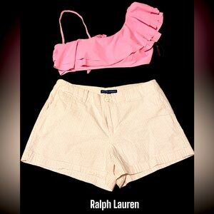 Ralph Lauren white shorts with pink pinstripes with a one shoulder crop top NWT